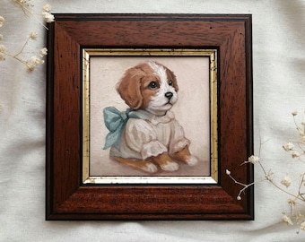 Vintage Puppy Original Oil Painting, Framed Dog Art, Cottagecore Mini Artwork