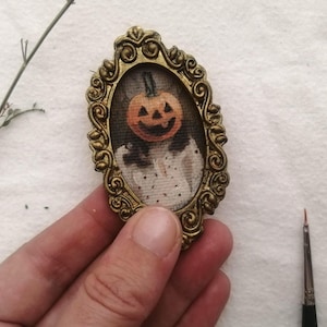 Τiny Halloween Oil  Painting : Pumpkinhead Girl in Oval Vintage Frame, Dark Cottagecore Decor