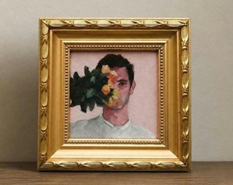 Original Mini Male Portrait Painting with Yellow Flowers – Hand-Painted 10x10cm in Wooden Frame