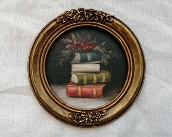 Original Oil Painting Holly Berries on Vintage Books, Miniature Still Life, Framed Art, Christmas Gift