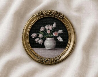 Miniature Oil Painting – White Tulips Still Life in Vintage Frame, Original Floral Art