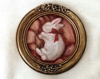 Original Oil Painting Festive Bunny with Red Bow, Small Framed Art in Round Frame, Christmas Gift