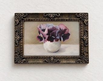 Pansies Painting Original Oil Floral Wall Art, Flowers Still Life Artwork in Antique Style Frame
