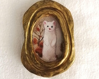 Miniature Ermine Oil Painting : Forest Animal Art in Handmade Gold Frame – Cottagecore Decor