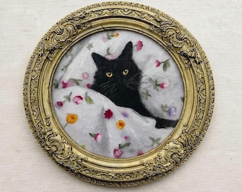 Schwarze Katze Ölgemälde: Miniatur Blumenkunst in Antiken Stil Rahmen