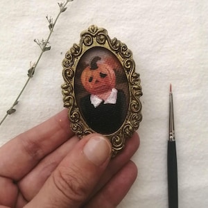 Miniature Halloween Pumpkinhead Portrait:Oil Painting in Ornate Baroque-Style Oval Frame