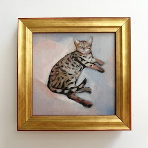 Art du chat du Bengale, peinture à l'huile originale encadrée, peinture miniature 4 x 4, oeuvre d'art murale animal, petite peinture chat tigré couleurs pastel