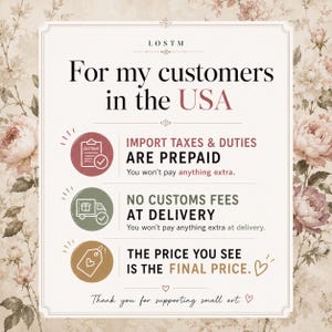 May include: A cream-colored rectangular sign with floral background. The sign reads "For my customers in the USA" and details that import taxes and duties are prepaid, with no customs fees at delivery. The final price is shown.