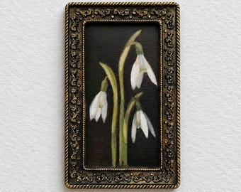 Snowdrops Flower Painting Original Oil Botanical Wall Art, Small Artwork in Antique Style Frame