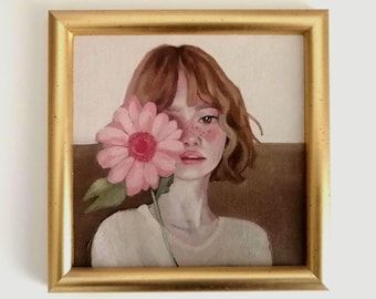 頭に花をつけた美しい女性の絵画 オリジナルの金箔の花の頭の