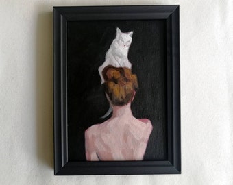 Peinture à l'huile originale Femme avec chat, Cadeau pour elle