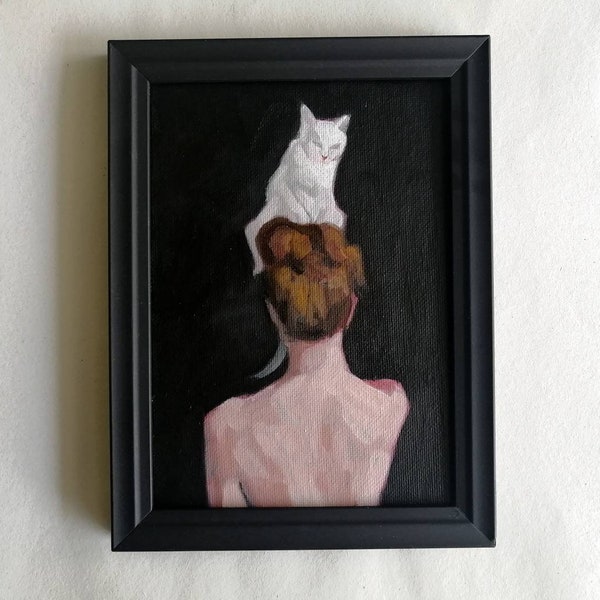 Peinture à l'huile originale Femme avec chat, Cadeau pour elle