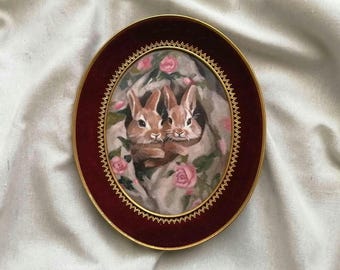 Pintura al óleo de conejos, arte mural original de animales en marco vintage de los años 50