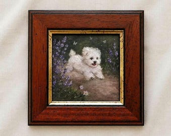 Small Oil Painting White Dog Running , Handpainted Tiny  Framed Art for Pet Lover