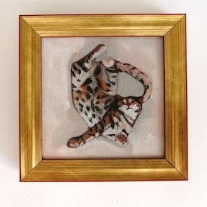 Art du chat du Bengale, peinture à l'huile originale encadrée, peinture miniature 4 x 4, oeuvre d'art murale animal, petite peinture chat tigré couleurs pastel