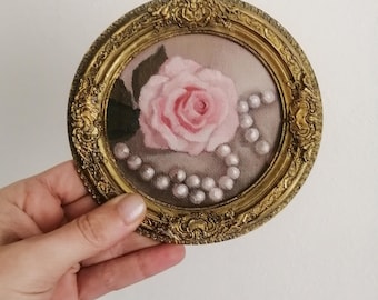 Vintage rozenolieverfschilderij: handgemaakte keramische lijst, 4,7 inch