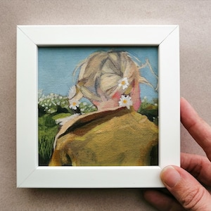 Original Miniature Oil Painting of a Little Girl in Flowers, Meadow Painting, Gift for Mother