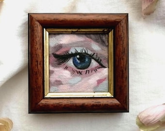 Original Lover's Eye Oil Painting, Framed Portrait, 2x2"