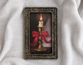 Candle Painting Original Oil Art, Victorian Scenery Artwork, Stocking Stuffer Gift for Art Lovers