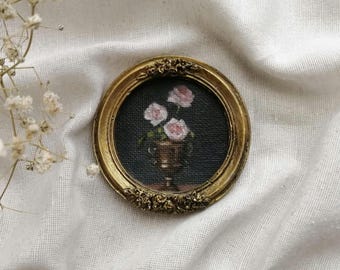 Small Roses Oil Painting : Moody Floral Art in Ornate Vintage Frame