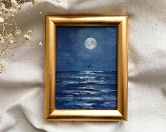Ocean Original Oil Painting: Golden Moonlight Seascape - Small Framed Coastal Art