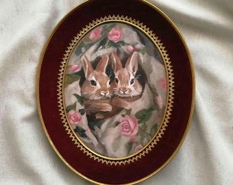Rabbits Oil Painting, Original Animal Wall Art in Vintage 1950s Frame