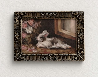Original Rabbit Oil Painting, Vintage Animal Art in Antique Ornate Frame, One Of A Kind Artwork