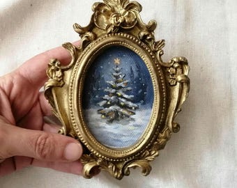 Mini Christmas Tree Oil Painting, Tiny Hand-painted Holiday Art in Oval Frame