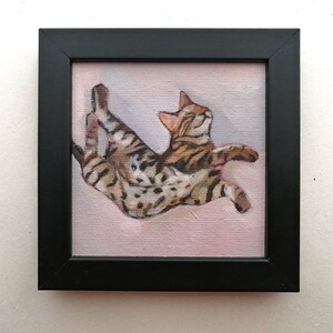 Art original de chat du Bengale, peinture à l'huile, peinture miniature 4 x 4 art mural animal petite peinture chat tigré