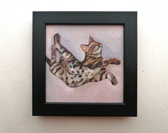 Art original de chat du Bengale, peinture à l'huile, peinture miniature 4x4 Animal Wall Art Tabby Cat Tiny Painting