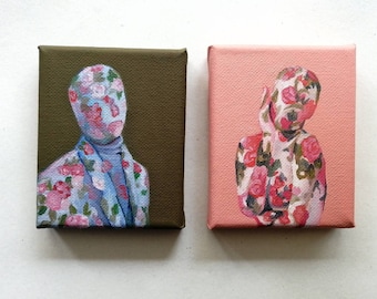 Original Faceless Portrait Painting  Set of 2 Miniature oil Painting Figurative Art Tiny Painting