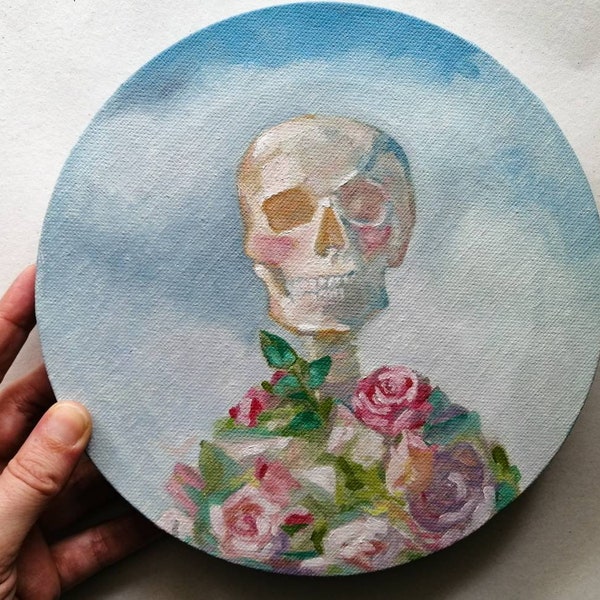 Original Skull Painting Oil Round Painting Skeleton Painting Pastel Goth Wall Art Gothic room Decor