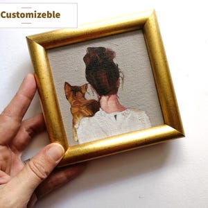 Original oil painting Woman with Cat, Gift for her (Customizable)
