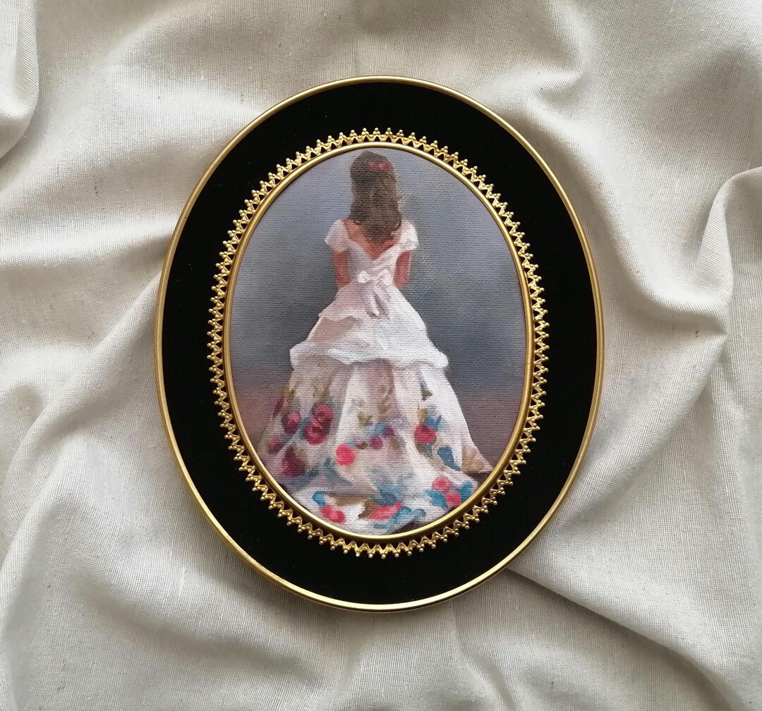 Original Woman in Dress Oil Painting : Vintage Style Artwork in Antique ...