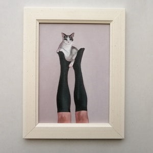 Jambes et chat, peinture à l'huile originale, cadeau pour elle, oeuvre d'art femme avec chat