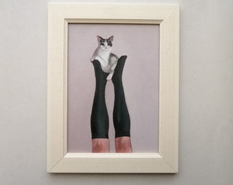 Beine und Katze, Originale Ölgemälde, Geschenk für sie, Frau mit Katze Kunst