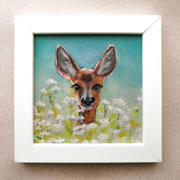 Original Deer Painting Oil 4x4 Animal Wall Art Miniature Painting Woodland Animals Tiny Painting