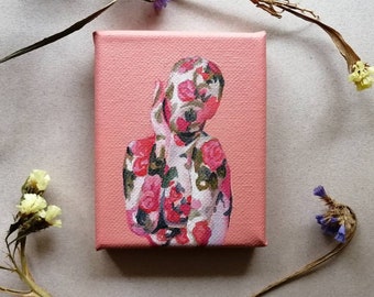 Miniature Faceless Portrait: Pink Female Figure in Roses (3x4 in)