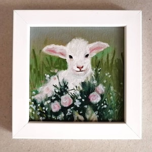 Lamb Painting Original Art, Miniature Painting, Sheep Painting, Farm Animal Painting, Nursery Wall Decor, Tiny Painting