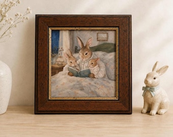 Original Bunny Family Painting, Bedtime Storybook Art, Cottagecore Nursery Decor