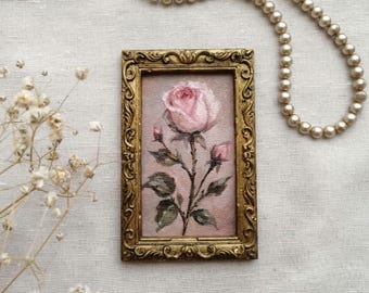 Original Rose Oil Painting, Mini Framed Floral Art, Vintage Cottagecore Decor