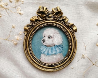 Victorian Dog Portrait Original Oil Painting – Framed White Puppy Mini Artwork, Cottagecore Pet Art