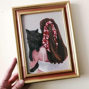 Femme tenant un chat noir, cadeau original de peinture à l'huile de style vintage pour les amoureux des chats, cadeau pour elle, art mural encadré