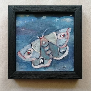 Enchanting Blue Moth Miniature Oil Painting - Whimsical Fairy-Inspired Insect Art for Nature Lovers