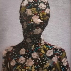 May include: An oil painting of a person's silhouette, their form filled with a floral pattern. The flowers are white, pink, and yellow against a dark background. The artwork is set against a light gray backdrop.