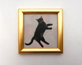 Framed Black Cat Oil Painting: Original Small Art for Cat Lovers