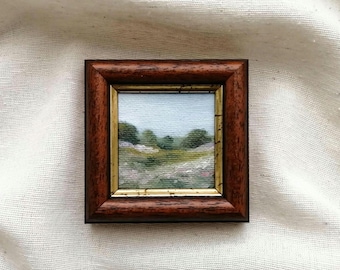 Mini Landscape Painting Original Framed Art | Tiny Countryside Artwork for Cozy Cottage Decor