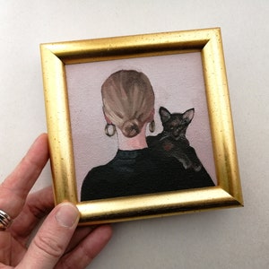 Peinture à l'huile originale de chat noir, animal de compagnie avec le portrait de propriétaire, cadeau pour elle