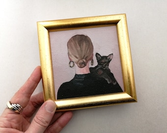 Black Cat Original oil painting, Pet with owner portrait, Gift for her