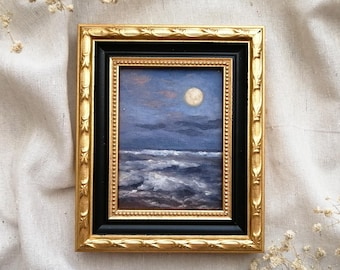 Original Seascape Oil Painting, Small Framed Art, Moonlight Sea, Coastal Wall Decor Gift